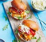 15-minute chicken & halloumi burgers 15-minute chicken & halloumi burgers served on a wooden serving platter