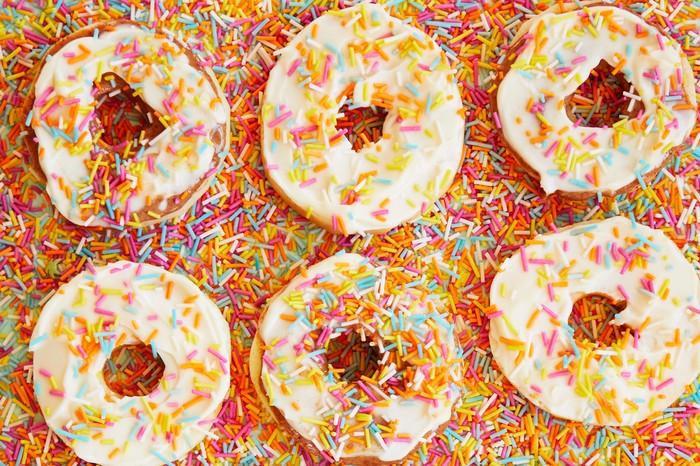 Apple 'doughnuts' Six apple crisp rings topped with funfetti sprinkles