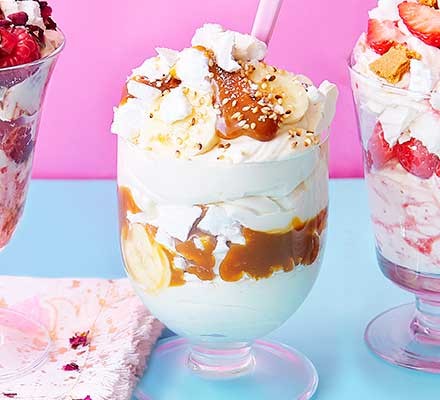 Banana-tahini Eton mess served in a dessert glass