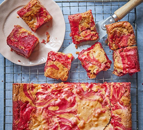 Battenberg blondies cut into squares