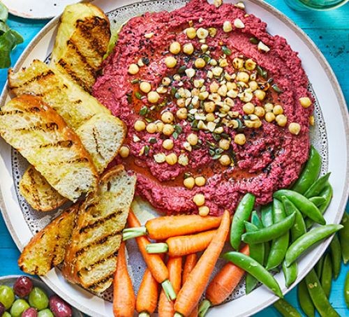 Bank Holiday recipes Beetroot hummus with vegetable crudités on a plate