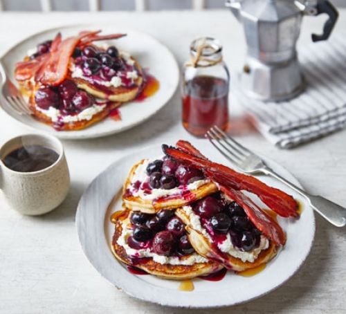Pancake Day recipes American-style pancakes topped with berries, syrup and bacon
