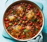 Chicken cacciatore one-pot with orzo served in a casserole dish