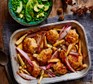 One-pan hot honey & mustard parsnips & chicken thigh traybake served with peas