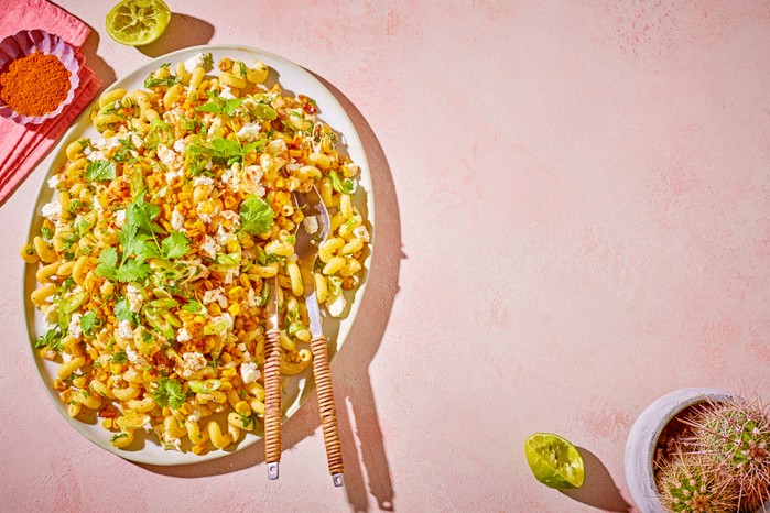 Elote-inspired pasta salad Platter of elote-inspired pasta salad
