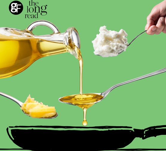 Spoonfuls of oil, lard and ghee over a frying pan