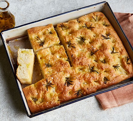 Focaccia in a baking tray