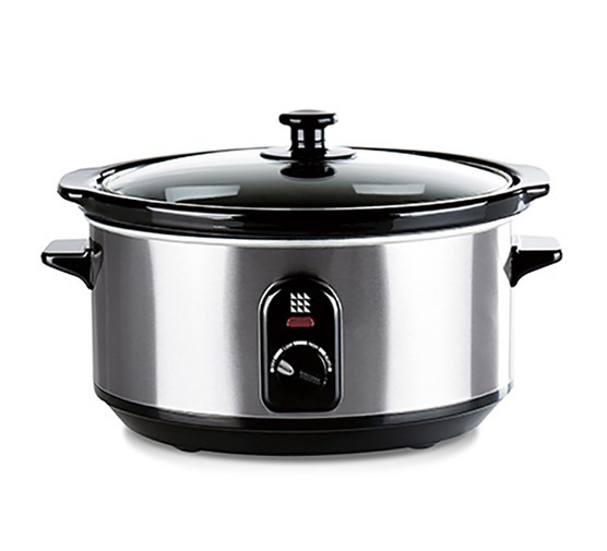 Silver slow cooker on white background