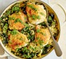 A dish serving one-pot garlicky chicken thighs & giant cous cous