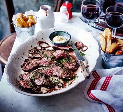 Easy Valentine's Day recipes Onglet steak on plate next to pots of potato chips