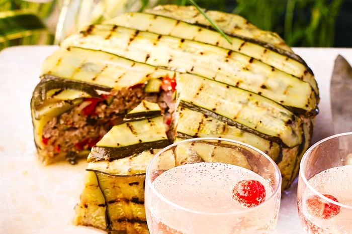 Pastry-less pork pie Pork pie wrapped in courgette slices