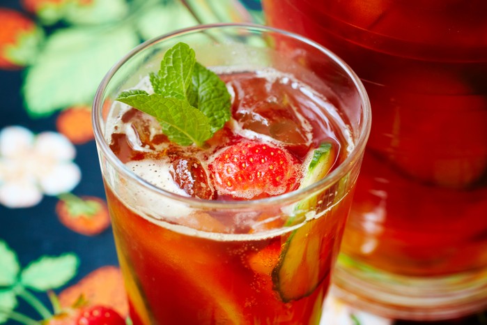 Pimms Glass of pimm's with mint, strawberry and cucumber
