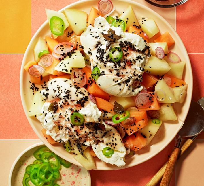Quick summer recipes Sweet melon, curry leaf & burrata salad