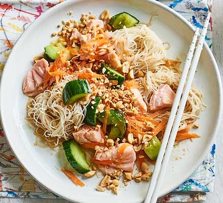 Salmon & smacked cucumber noodles in a bowl