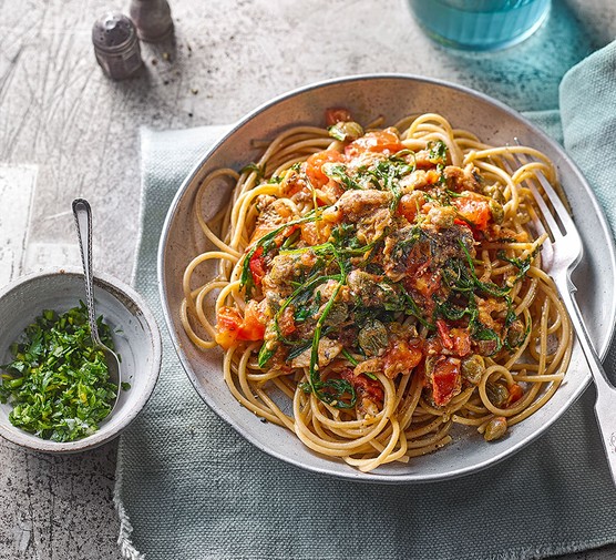 Sardine tomato pasta with gremolata