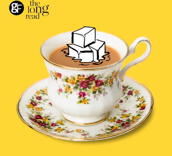 A pretty, old-fashioned teacup overflowing with illustrated sugar lumps