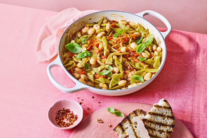 Summer runner bean stew Round oven dish of runner bean stew