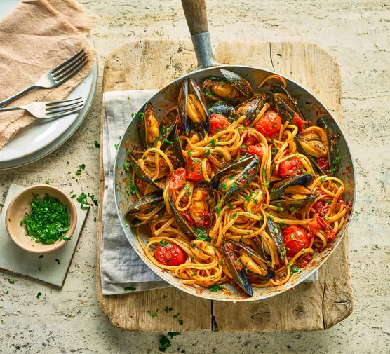 Exclusive Valentine's Day recipes A pan of pasta with tomatoes and mussels