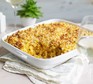 A baking dish serving vegan mac 'n' cheese