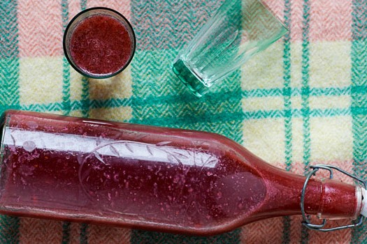 Zingy blackberry lemonade A bottle of blackberry lemonade on its side against a tartan blanket