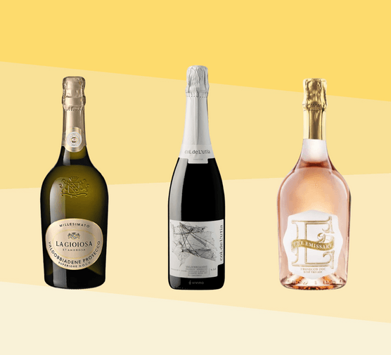 Line-up of prosecco bottles